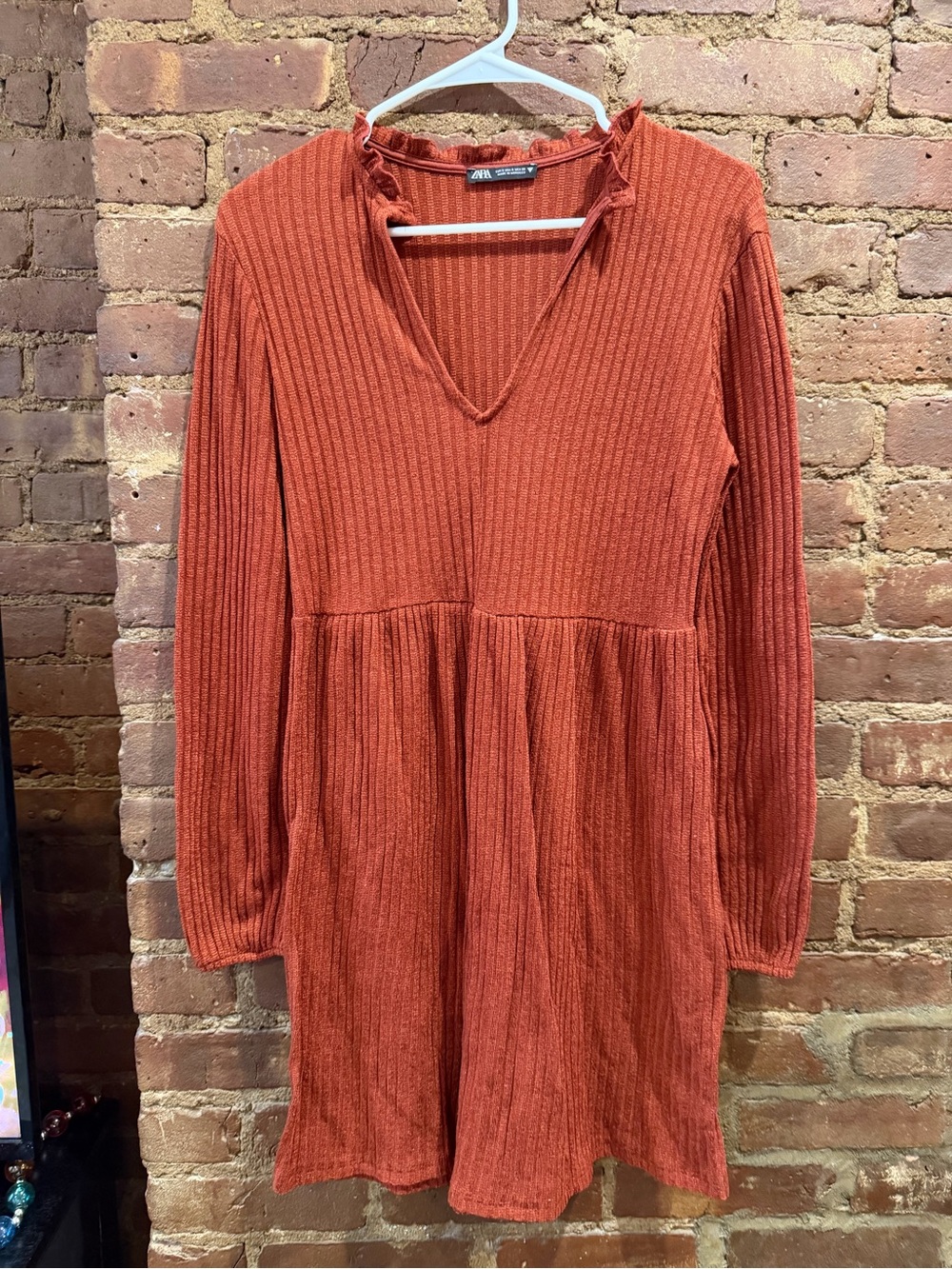 Zara Rust Orange Ribbed V-Neck Long Sleeve Dress